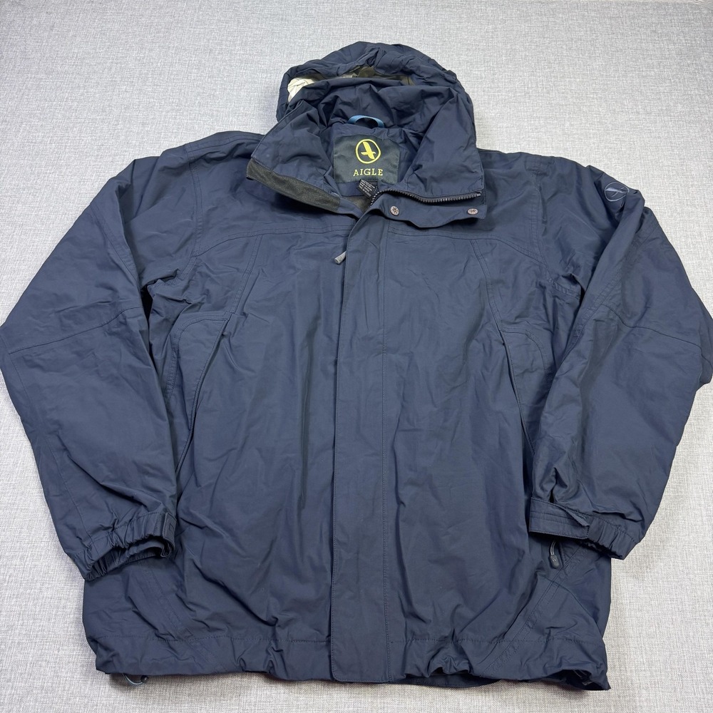 Aigle Jacket Mens Large Blue Rain‎ Coat Hooded Lined Insulated Nylon Mid-Length